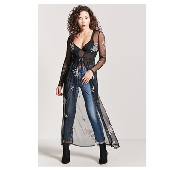 Forever 21 Sweaters - Forever 21 Black Mesh Floral Duster Cardigan